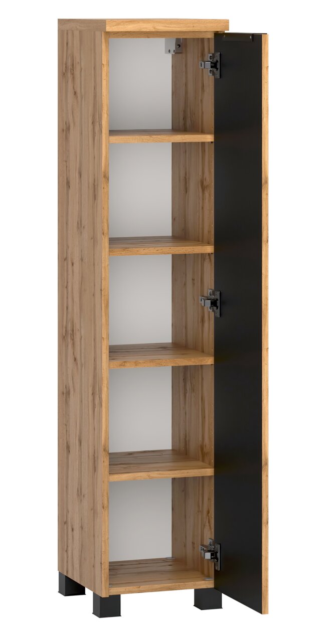 Midischrank 30 cm mit Holzoptik und schwarzer Tür, Perspektive von vorne rechts