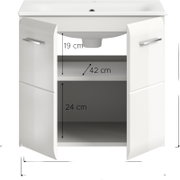 Weißer Waschbecken-Unterschrank mit geöffneten Doppeltüren und silbernen Griffen, Frontansicht; Innenraum mit Ablagefächern und Maßangaben (19 cm, 42 cm, 24 cm) unter dem Siphonausschnitt.