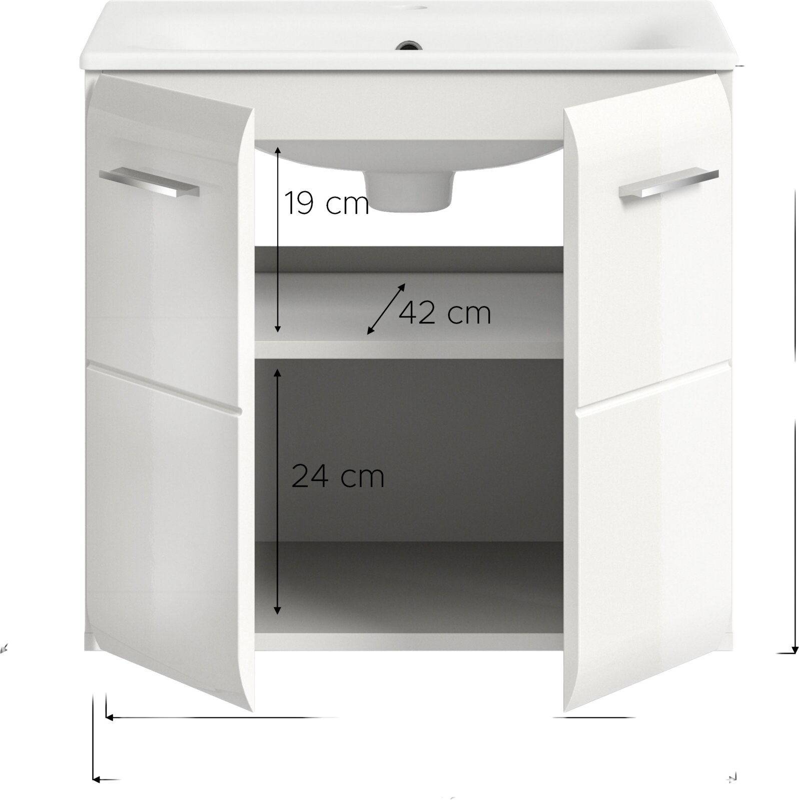 Weißer Waschbecken-Unterschrank mit geöffneten Doppeltüren und silbernen Griffen, Frontansicht; Innenraum mit Ablagefächern und Maßangaben (19 cm, 42 cm, 24 cm) unter dem Siphonausschnitt.