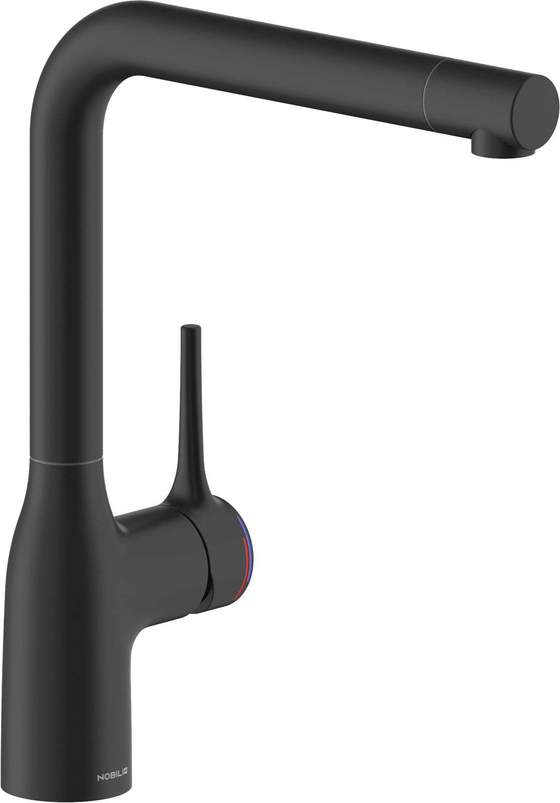 Schwarzer Einhebelmischer mit modernem Design, seitliche Ansicht