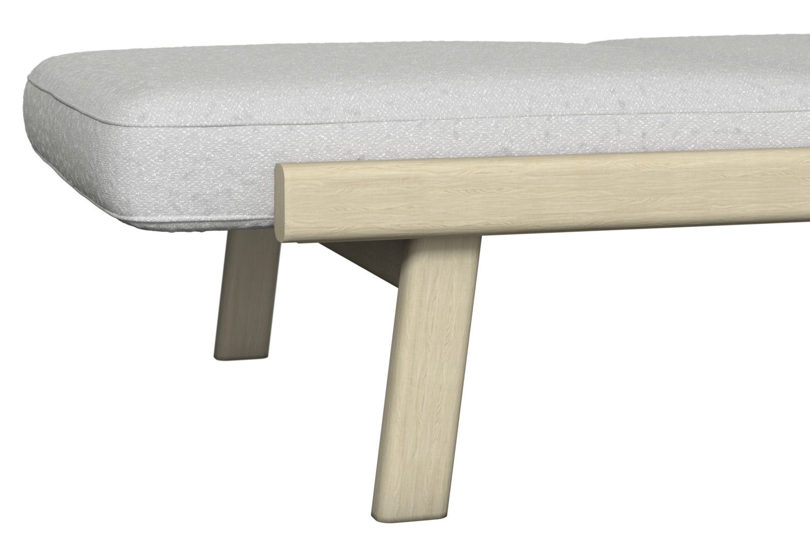 Nahaufnahme einer Sonnenliege mit hellem Holzrahmen und weißem Polster, seitliche Perspektive