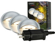 Einbaulicht-Starter-Set mit drei runden Leuchten und einem Stecker, perspektivisch von vorne gezeigt.