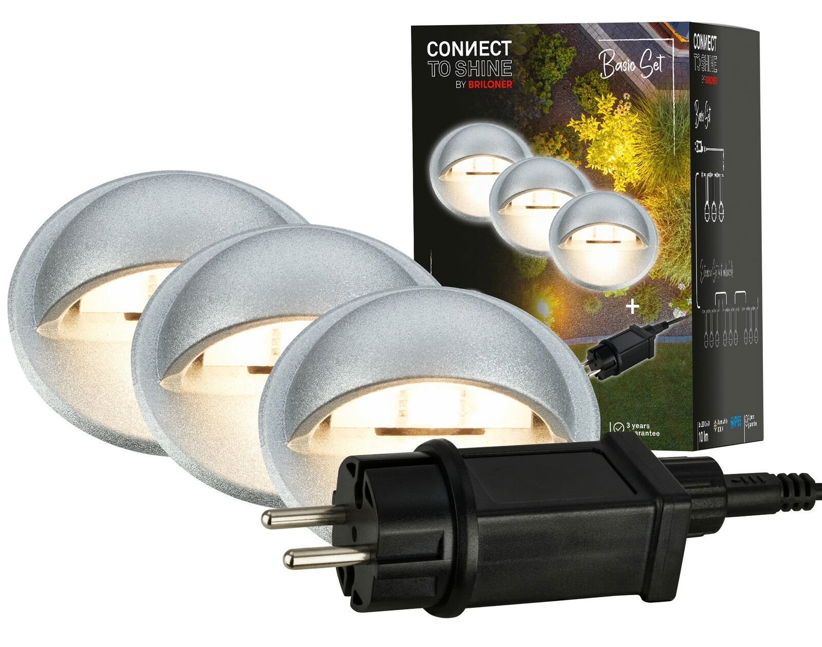Einbaulicht-Starter-Set mit drei runden Leuchten und einem Stecker, perspektivisch von vorne gezeigt.