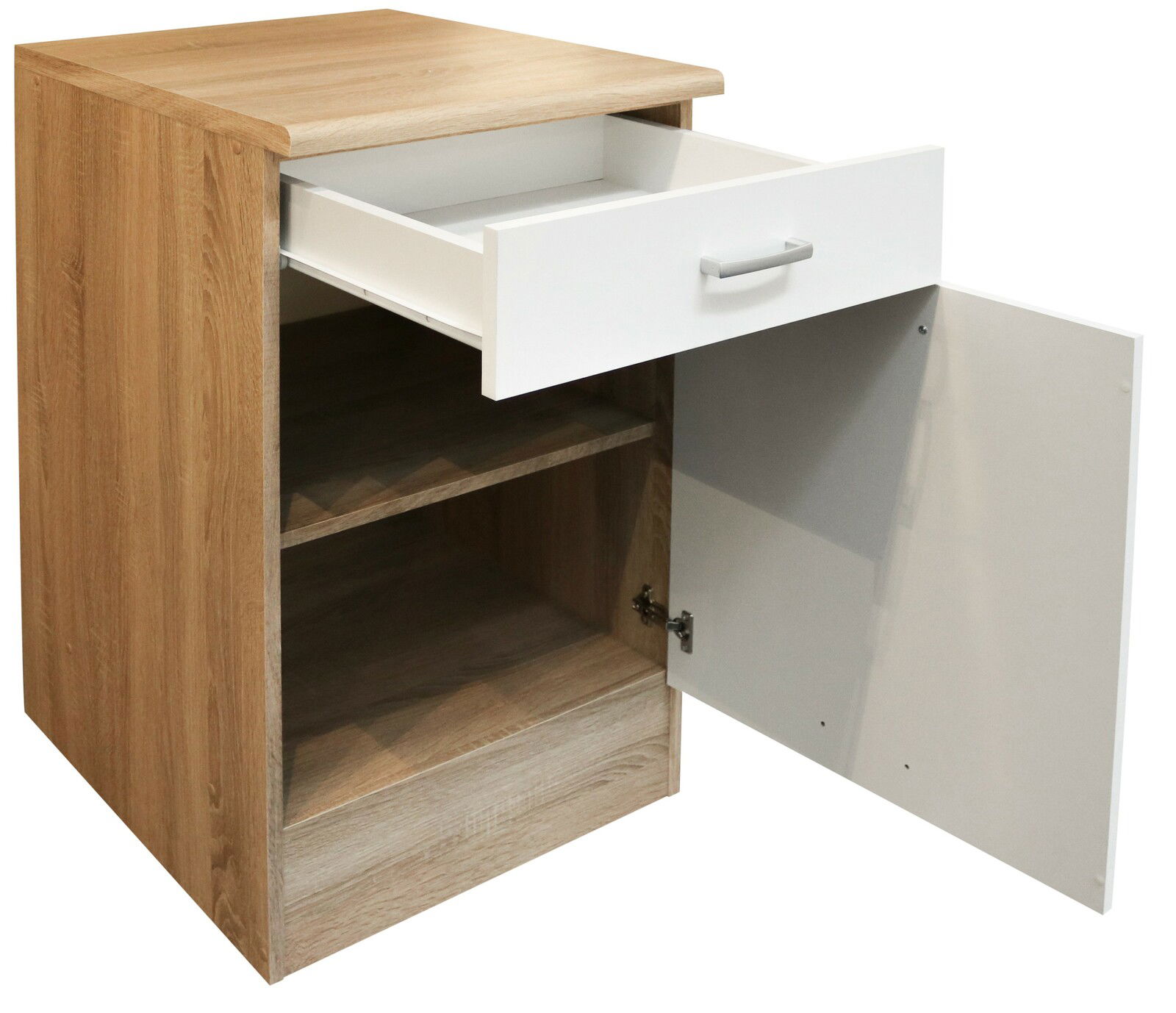 Unterschrank mit Holzoptik, geöffneter Schublade und Tür, Perspektive von vorne links