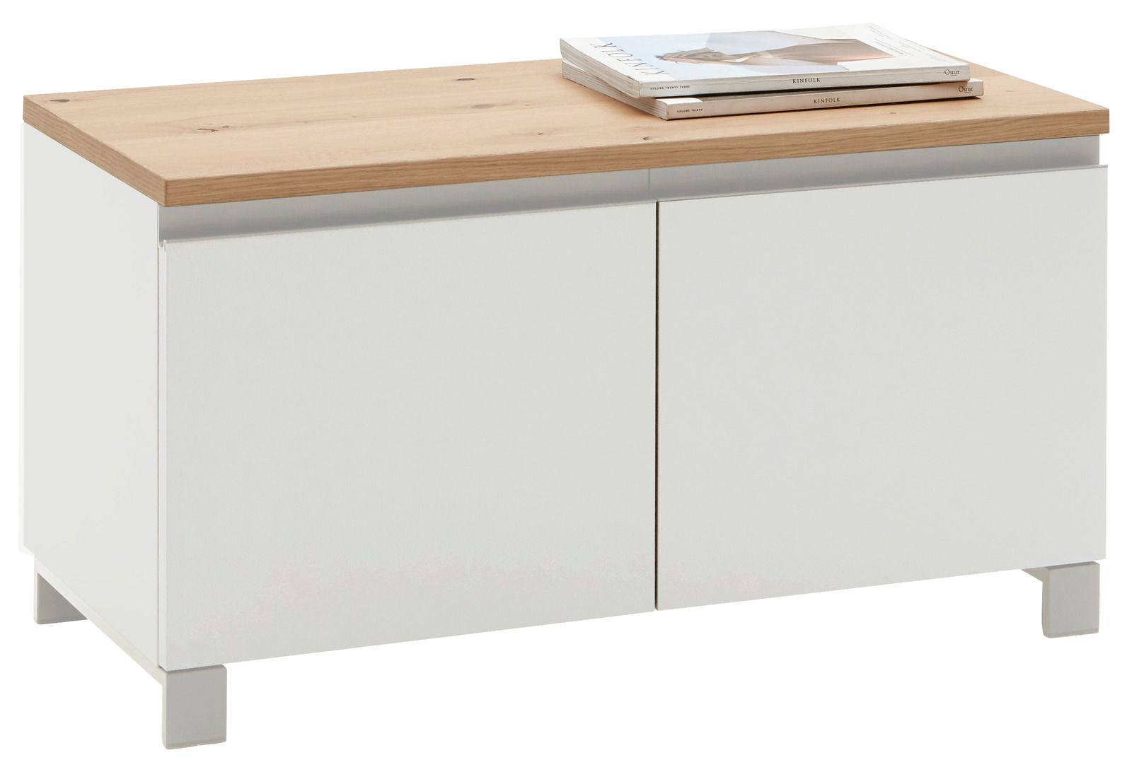 Dieter Knoll Garderobenbank SORRENT Weiße Garderobenbank mit Holzplatte und zwei Türen, seitliche Perspektive