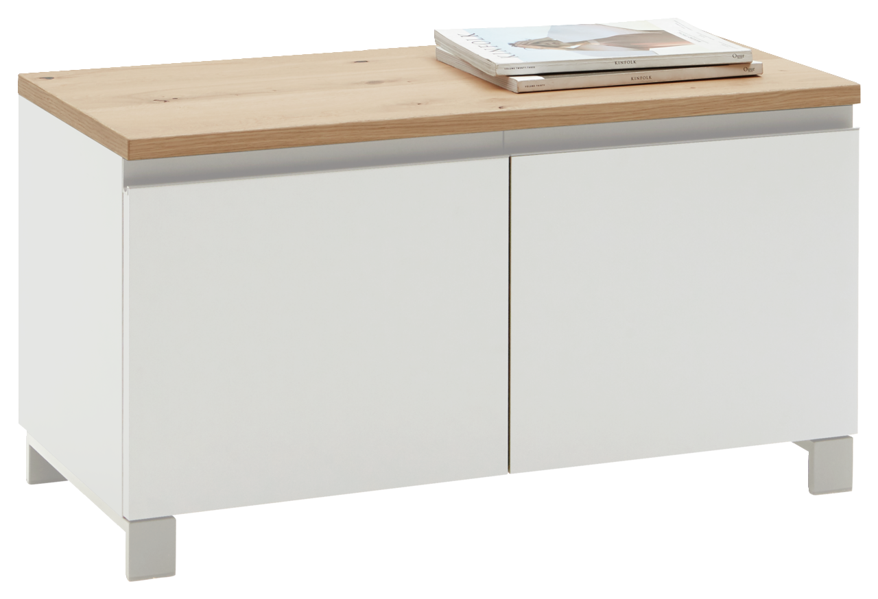 Dieter Knoll Garderobenbank SORRENT Weiße Garderobenbank mit Holzplatte und zwei Türen, seitliche Perspektive