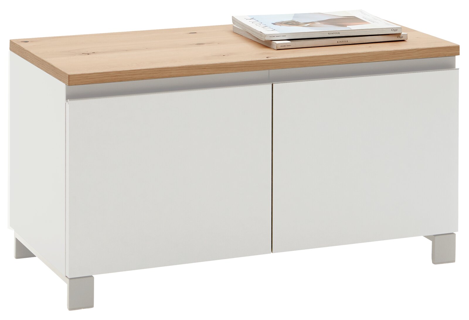 Dieter Knoll Garderobenbank SORRENT Weiße Garderobenbank mit Holzplatte und zwei Türen, seitliche Perspektive