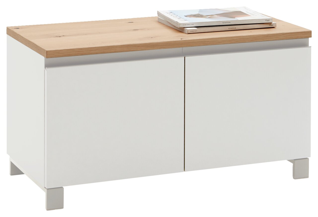 Dieter Knoll Garderobenbank SORRENT Weiße Garderobenbank mit Holzplatte und zwei Türen, seitliche Perspektive