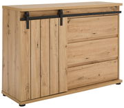 Kommode aus Holz mit Schiebetür und Schubladen, seitliche Perspektive