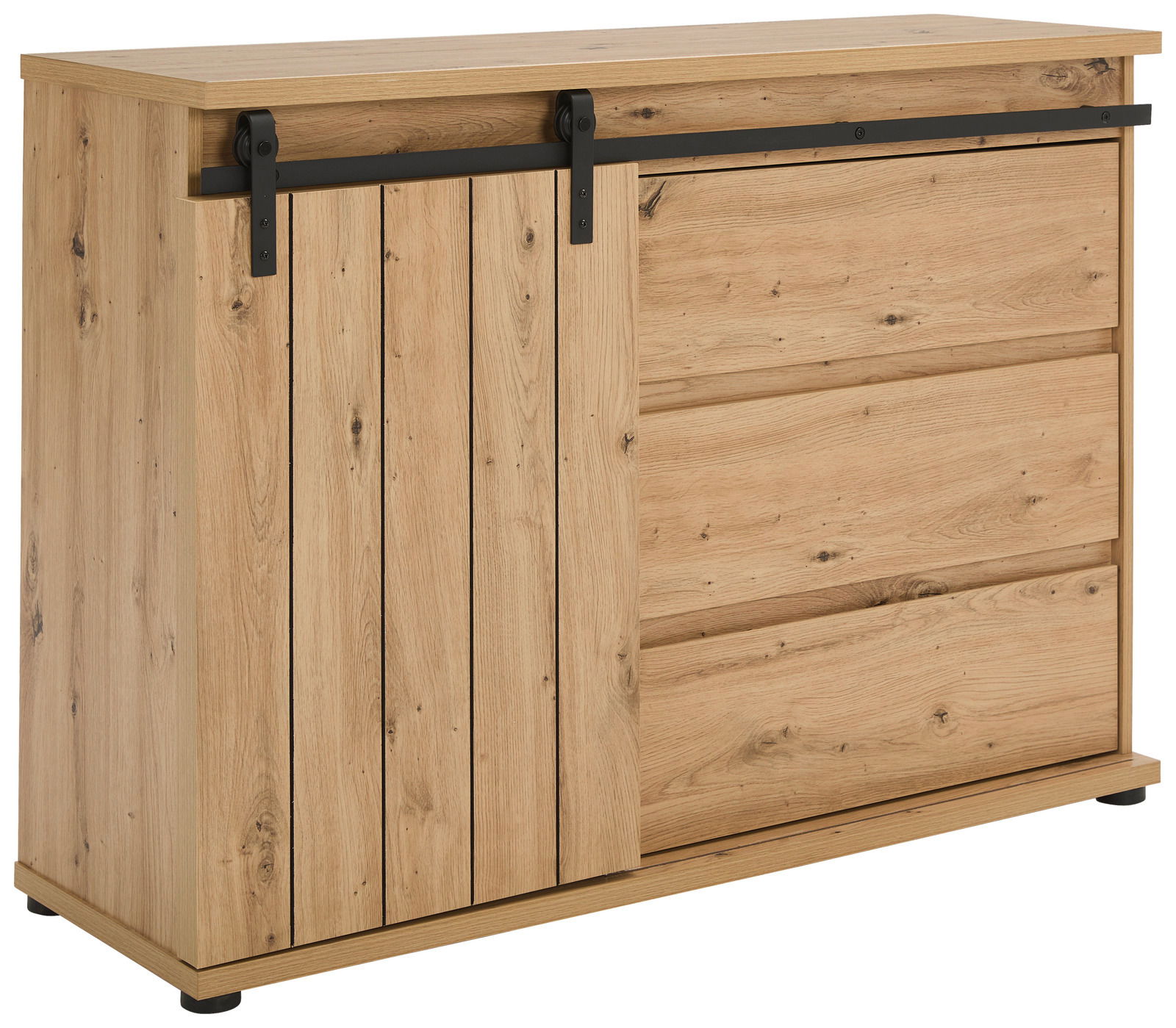 Kommode aus Holz mit Schiebetür und Schubladen, seitliche Perspektive