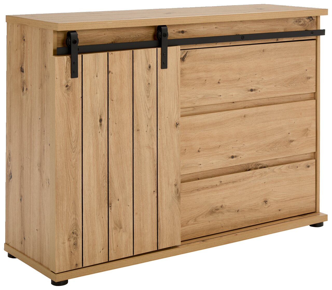 Kommode aus Holz mit Schiebetür und Schubladen, seitliche Perspektive