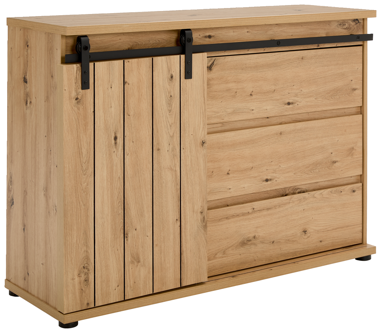 Kommode aus Holz mit Schiebetür und Schubladen, seitliche Perspektive