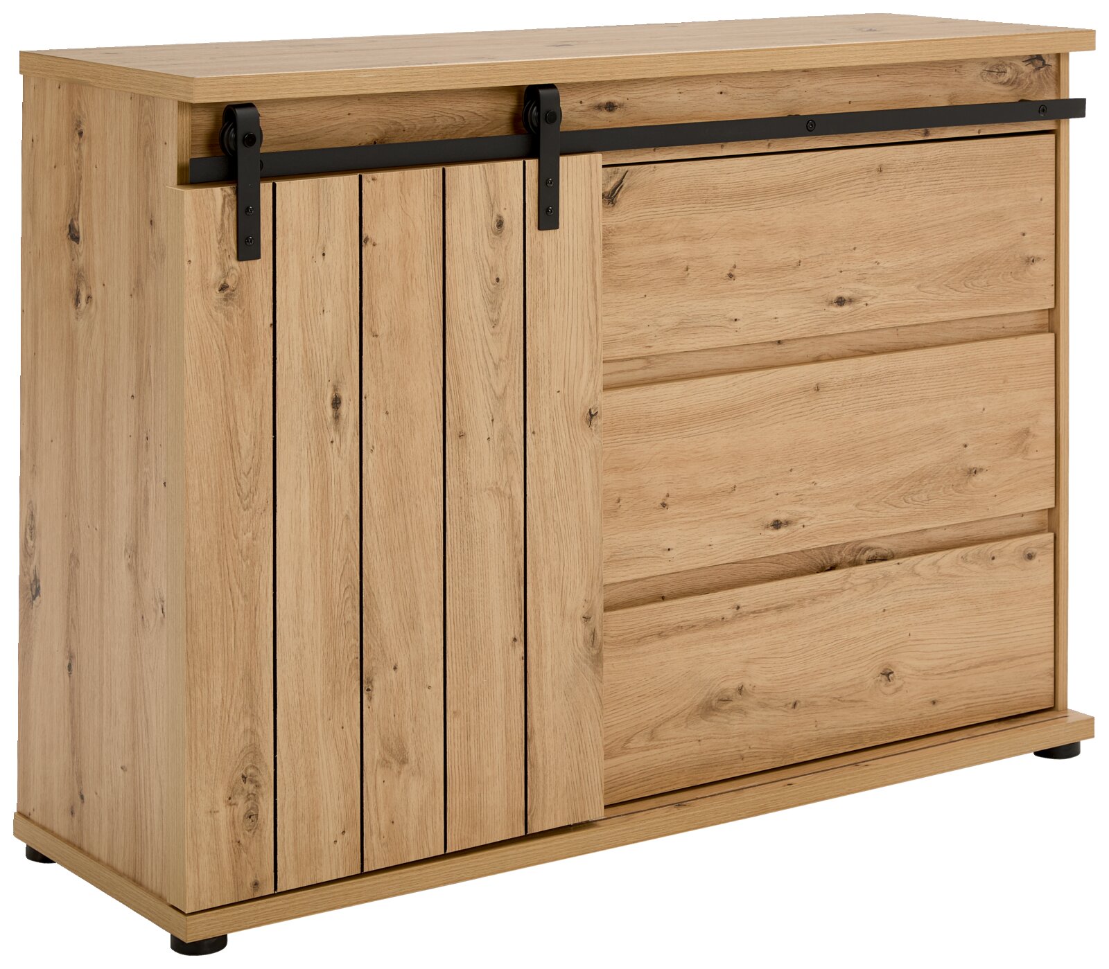 Houten ladekast met schuifdeur en lades, zijaanzicht