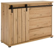 Houten ladekast met schuifdeur en lades, zijaanzicht
