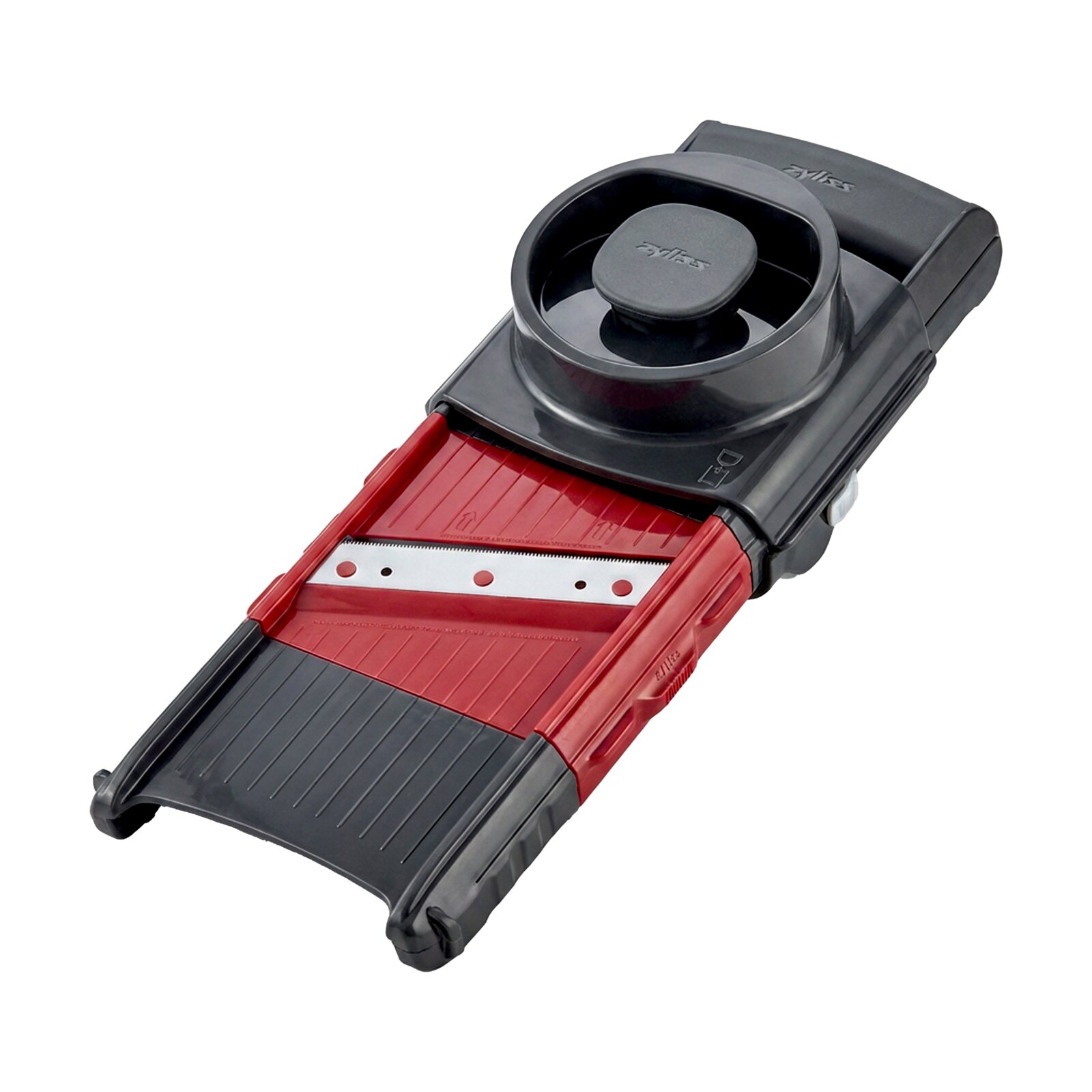 Börner Gemüsehobel/Mandoline in Schwarz-Rot mit V-Klinge und Scheiben-Einsatz, Draufsicht in leichter Schrägperspektive