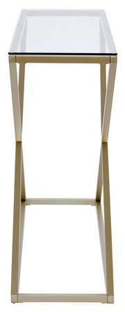Moderne Konsole mit Glasplatte und goldfarbenem Metallgestell, frontal betrachtet.