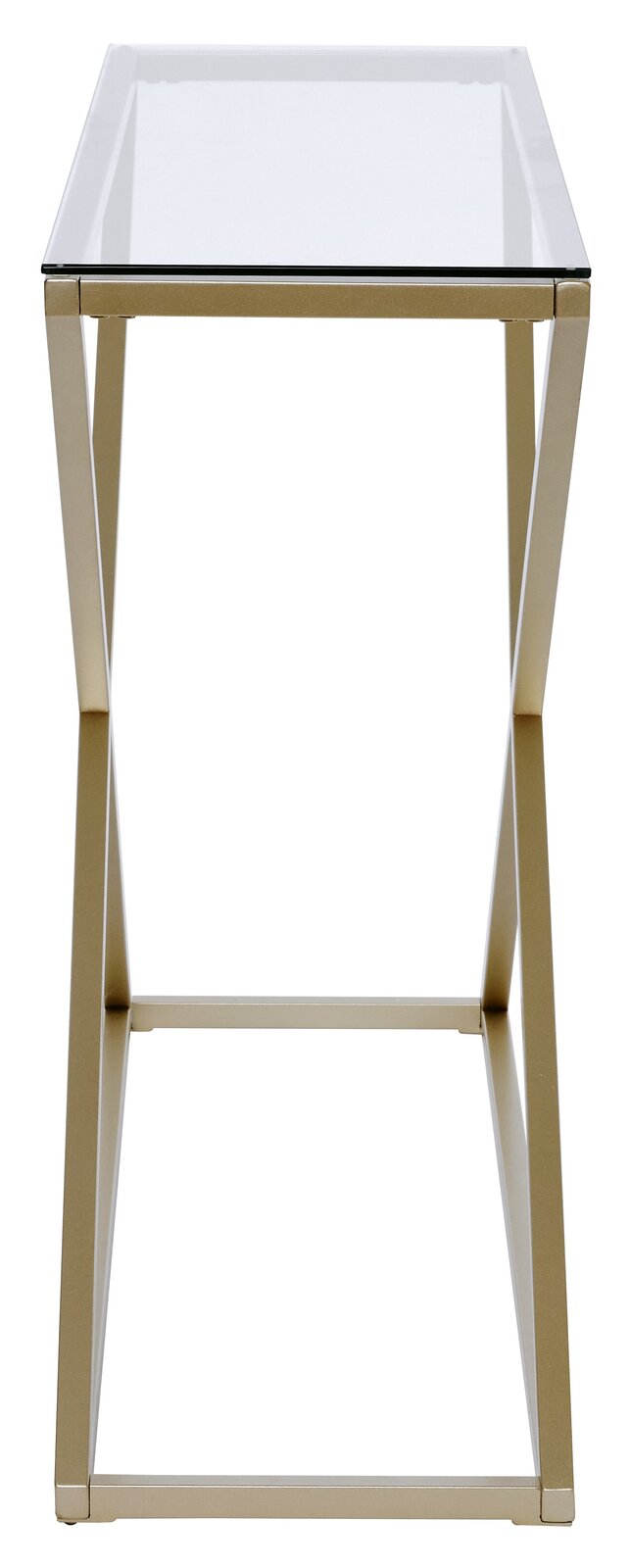 Moderne Konsole mit Glasplatte und goldfarbenem Metallgestell, frontal betrachtet.