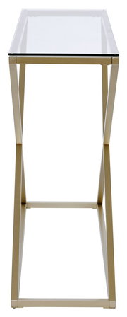 Moderne Konsole mit Glasplatte und goldfarbenem Metallgestell, frontal betrachtet.