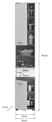 Hochschrank mit mehreren Fächern und Schublade, Ansicht von vorne. Maße: 191 cm hoch, 35 cm breit, 31 cm tief. Enthält Regale mit verschiedenen Höhen für Flaschen und Handtücher.