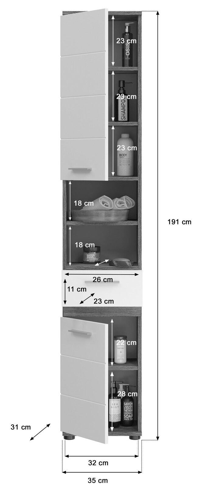 Hochschrank mit mehreren Fächern und Schublade, Ansicht von vorne. Maße: 191 cm hoch, 35 cm breit, 31 cm tief. Enthält Regale mit verschiedenen Höhen für Flaschen und Handtücher.