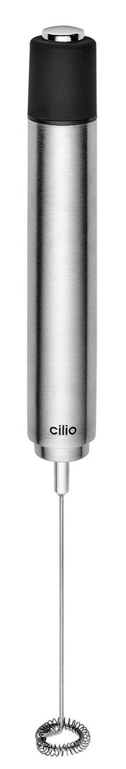 Milchaufschäumer ESPERTO in Edelstahloptik, frontal abgebildet mit schwarzem Griff und spiralförmigem Quirl.