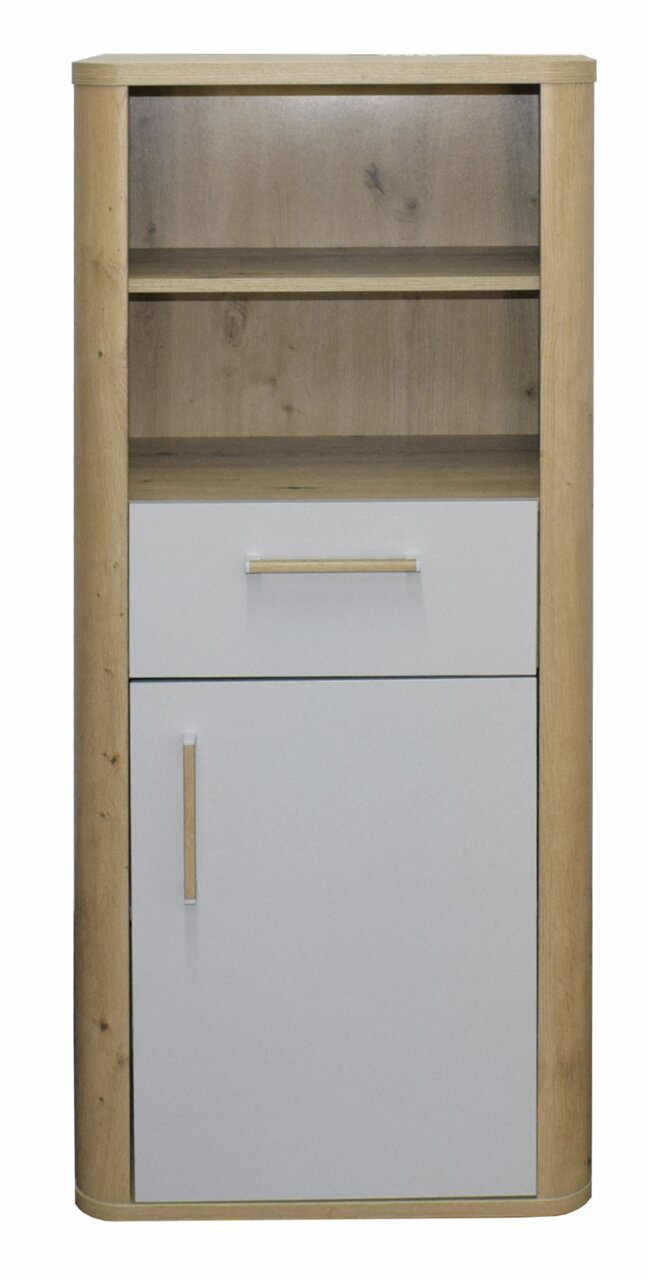Moderner Beistellschrank aus Holz mit zwei offenen Fächern, einer Schublade und einer Tür, frontal abgebildet.