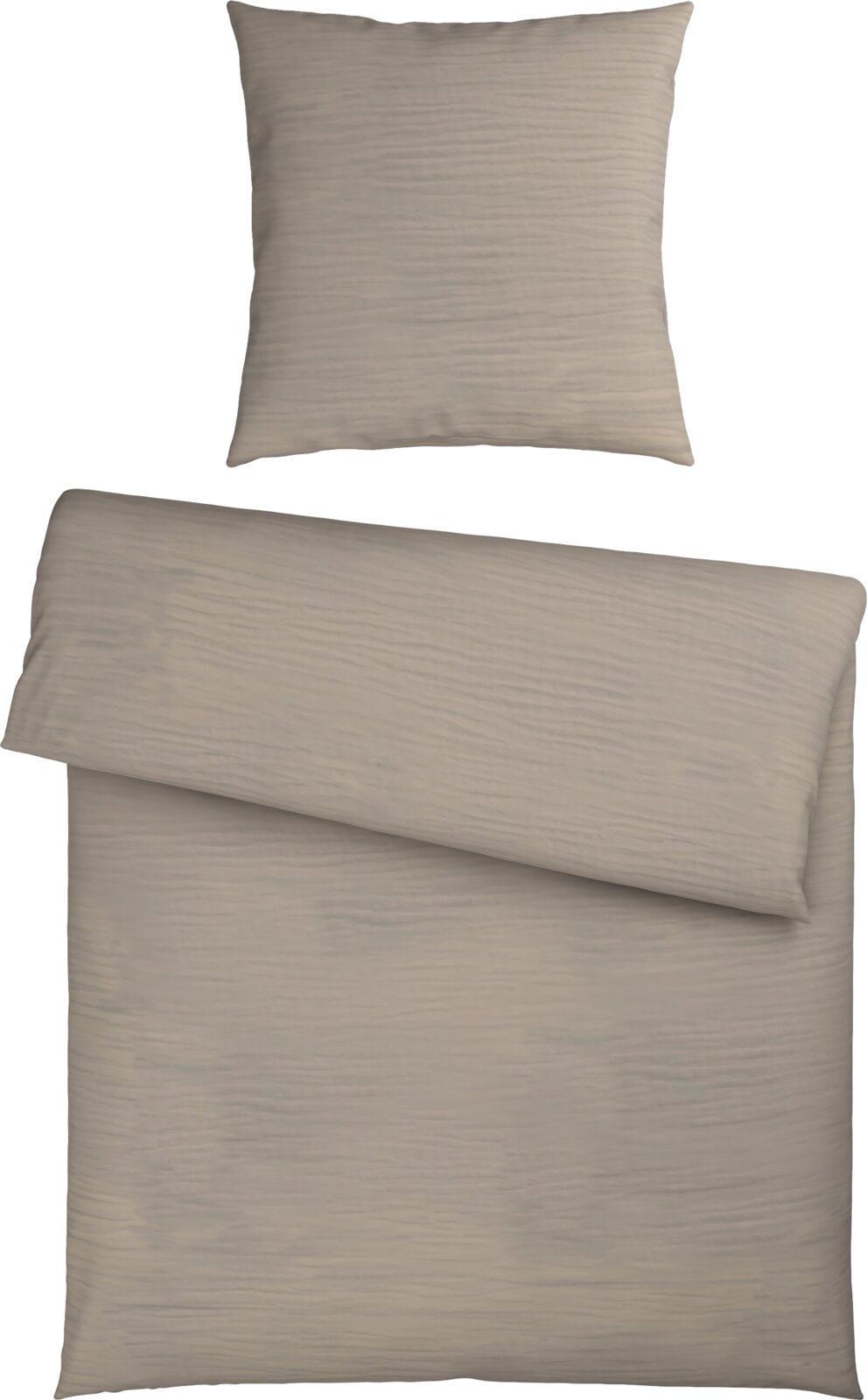 Beige-graue Bettwäsche mit feiner Streifenstruktur, bestehend aus Deckenbezug und Kissenbezug, frontal von oben (Draufsicht) freigestellt auf weißem Hintergrund