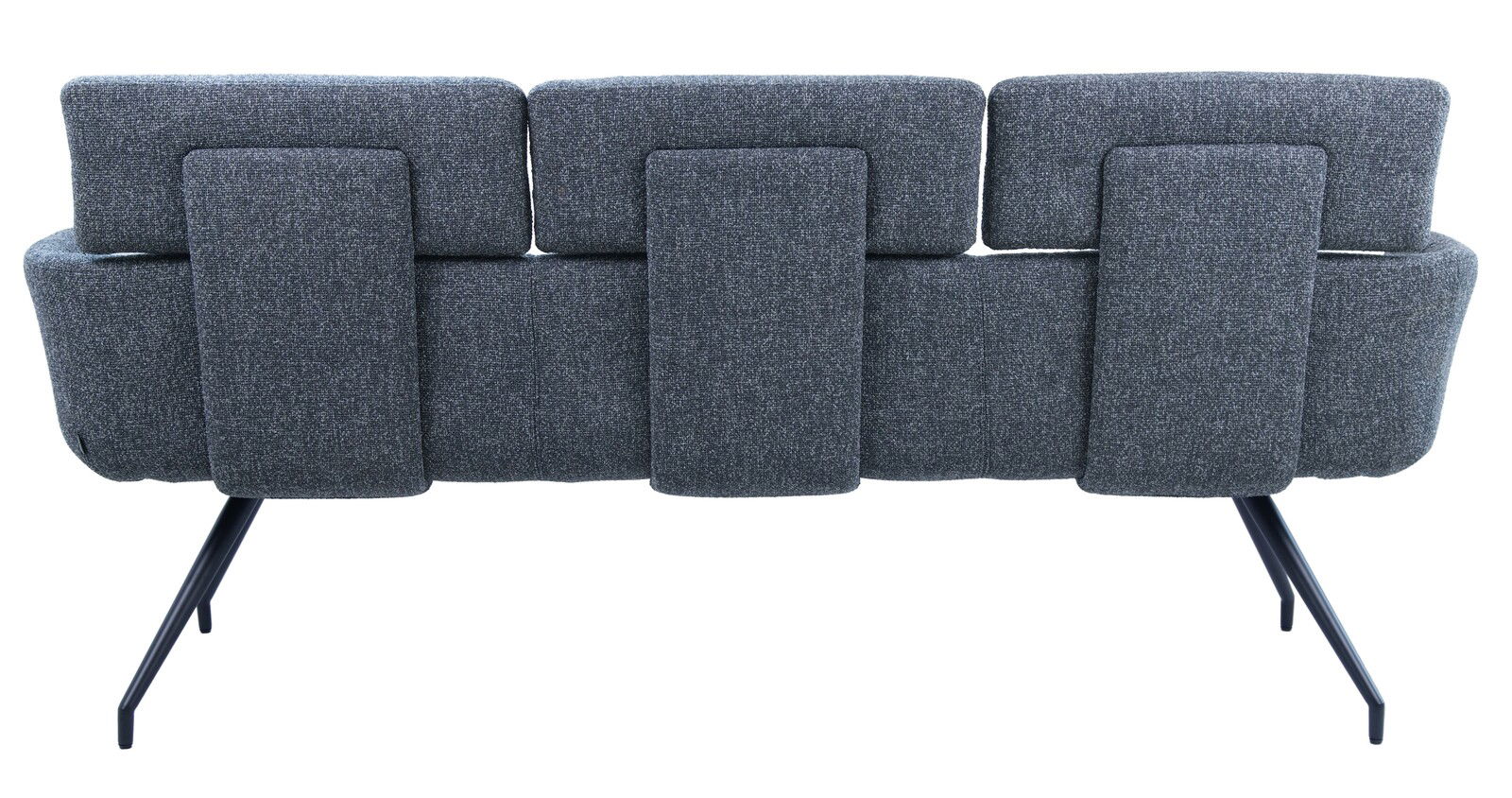 Rückansicht einer grauen Sitzbank mit drei gepolsterten Rückenkissen und schwarzen Metallbeinen.