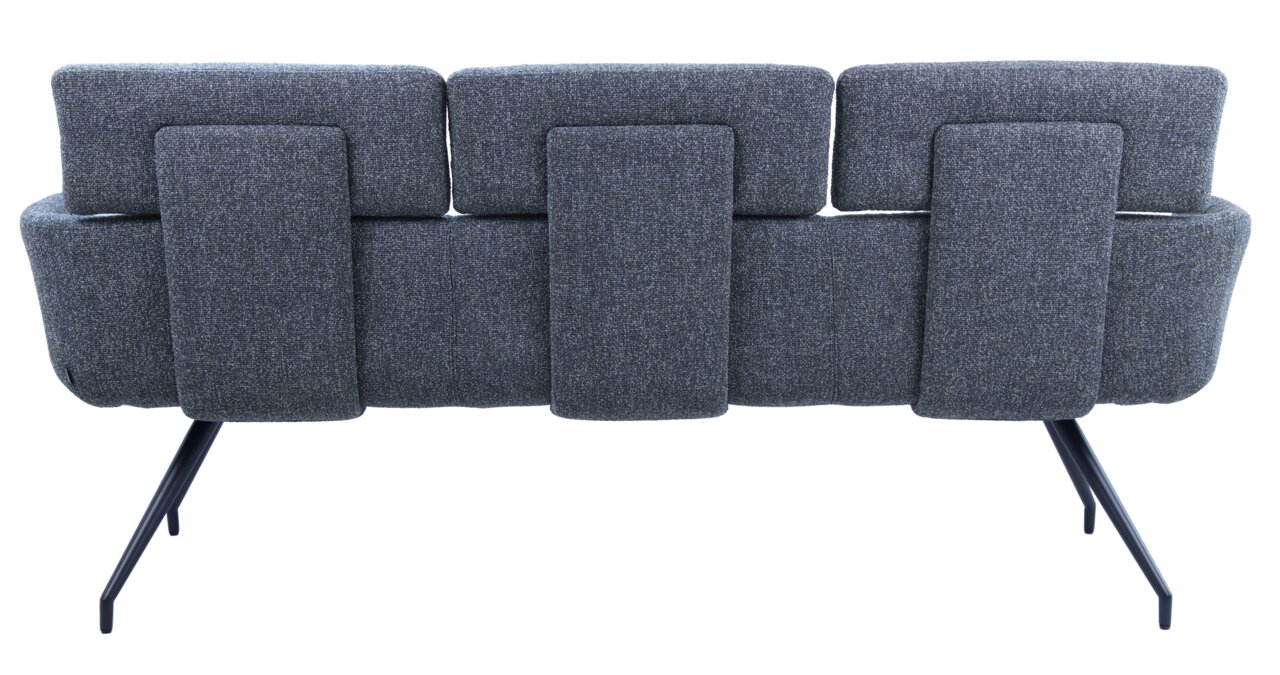 Rückansicht einer grauen Sitzbank mit drei gepolsterten Rückenkissen und schwarzen Metallbeinen.