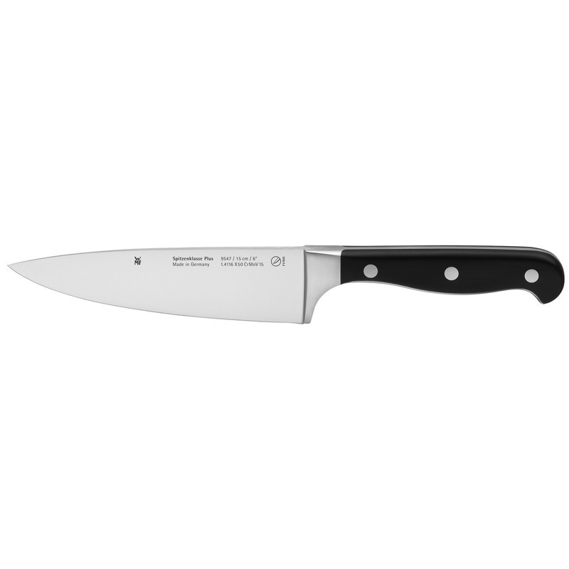 Kochmesser SPITZENKLASSE P 15c, Seitenansicht, mit schwarzem Griff und Edelstahlklinge, 15 cm Länge.