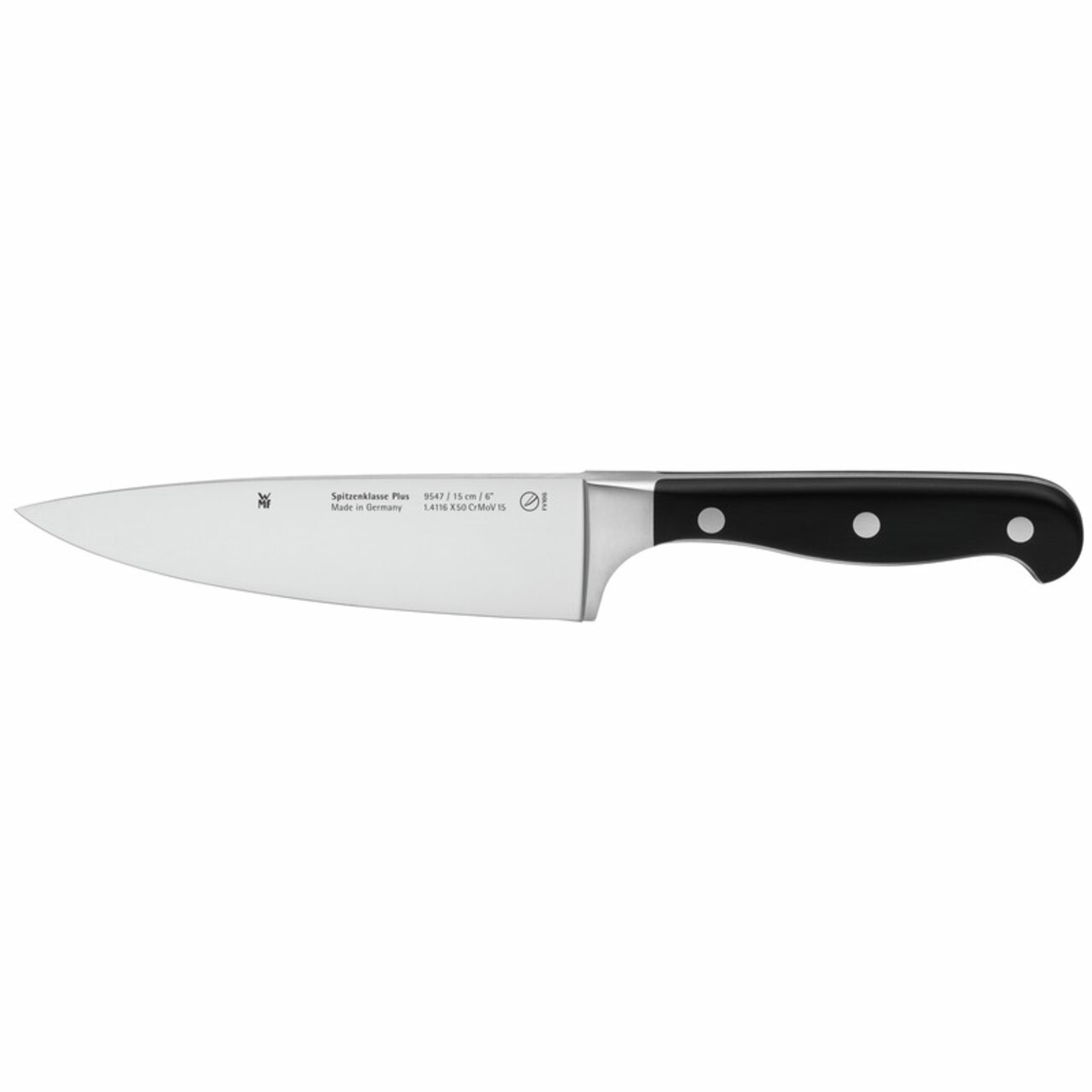 Kochmesser SPITZENKLASSE P 15c, Seitenansicht, mit schwarzem Griff und Edelstahlklinge, 15 cm Länge.