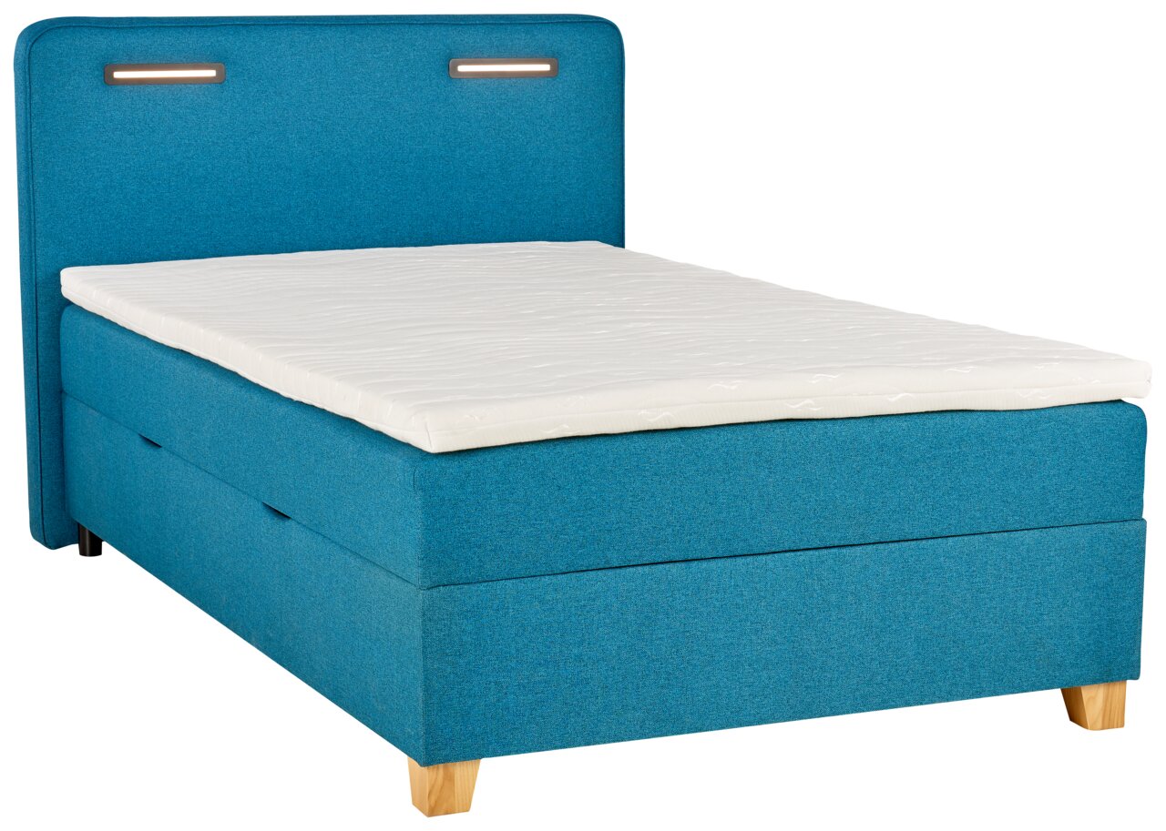 Boxbett in Blau mit Kopfteil und Holzfüßen, seitliche Perspektive