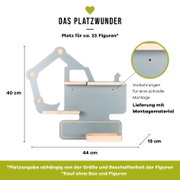 Wandregal in Baggerform in Hellblau mit Holzablagen, ca. 44 cm breit und 40 cm hoch, mit Vorbohrungen und Montagematerial; Frontansicht.
