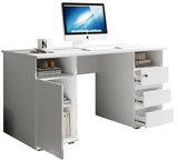 Moderner weißer Schreibtisch mit geöffneten Schubladen und Fächern, darauf ein Computer. Perspektive von vorne links.