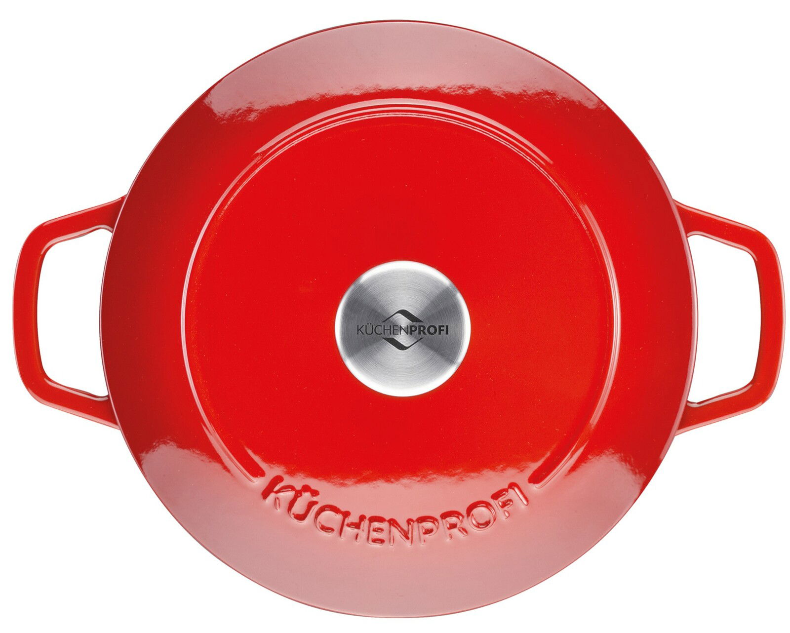 Roter runder Guss-Bräter mit zwei Griffen, Draufsicht