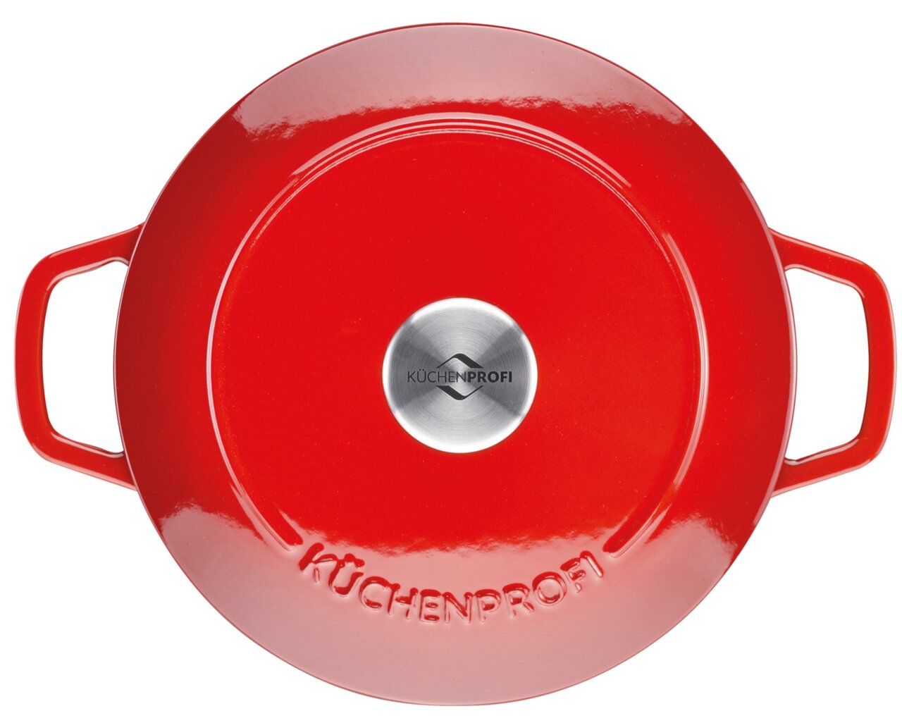 Roter runder Guss-Bräter mit zwei Griffen, Draufsicht