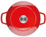 Roter runder Guss-Bräter mit zwei Griffen, Draufsicht