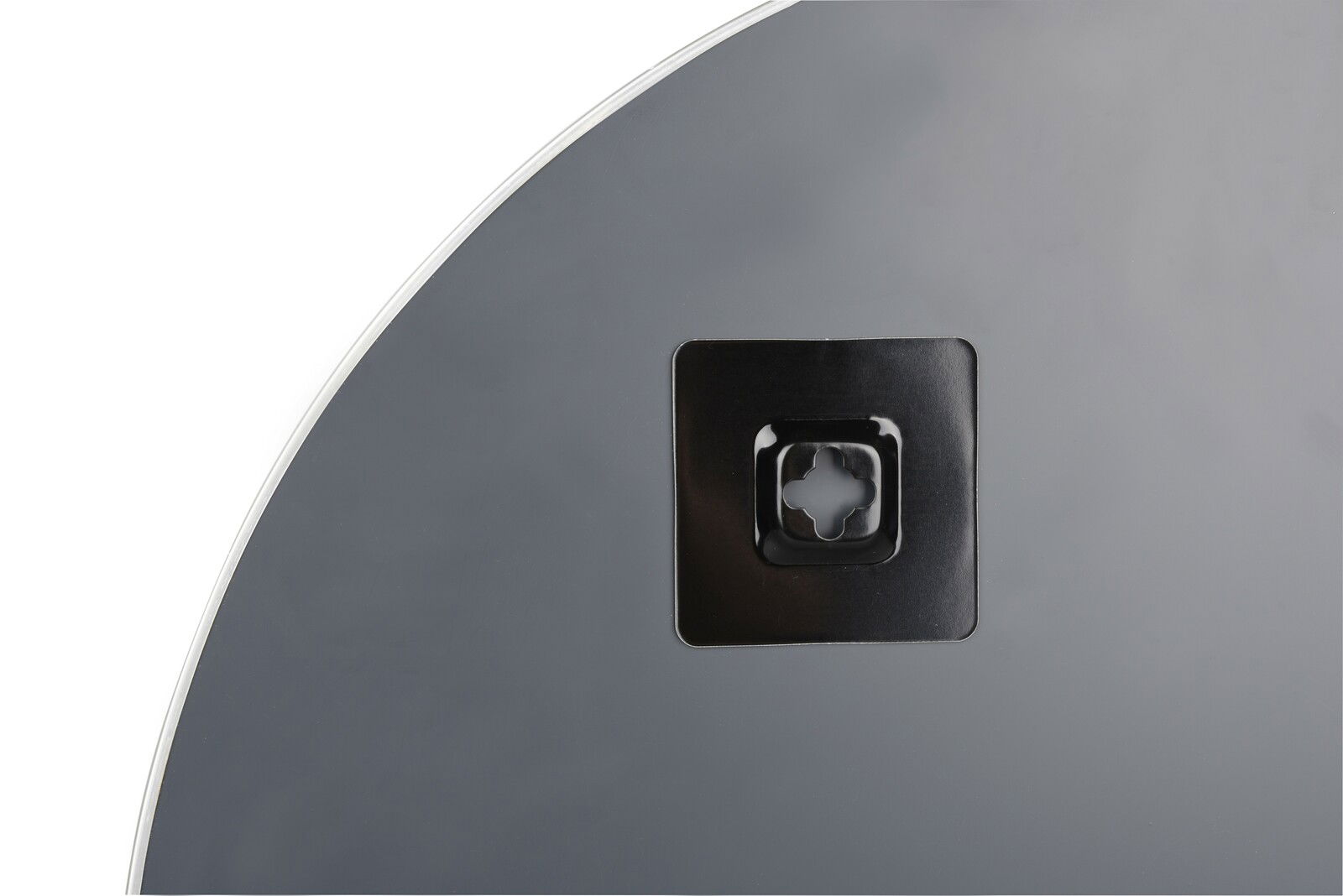 Rückansicht eines runden Spiegels mit einem zentralen Befestigungselement