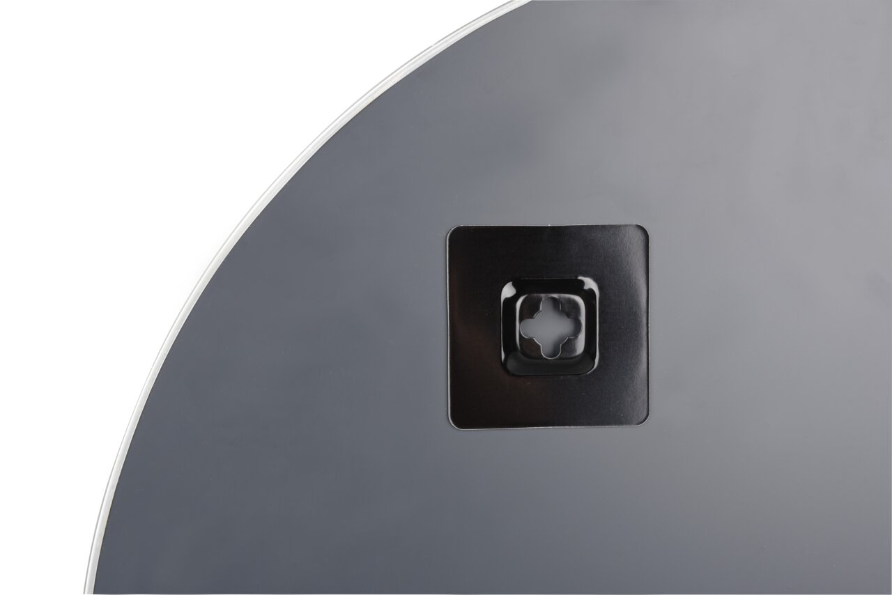 Rückansicht eines runden Spiegels mit einem zentralen Befestigungselement