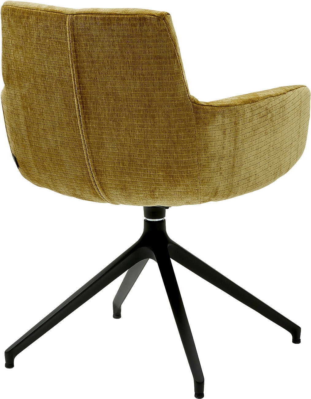 Rückansicht eines Armlehnstuhls mit senfgelbem Stoffbezug und schwarzem Metallgestell auf vier Beinen.