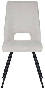 Moderner Stuhl mit hellgrauem Stoffbezug und schwarzen Metallbeinen, Frontalansicht