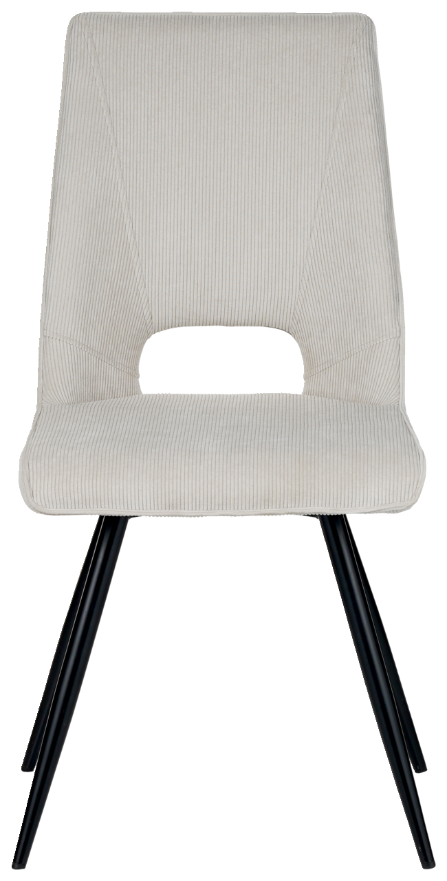 Moderner Stuhl mit hellgrauem Stoffbezug und schwarzen Metallbeinen, Frontalansicht