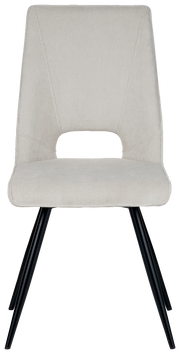 Moderner Stuhl mit hellgrauem Stoffbezug und schwarzen Metallbeinen, Frontalansicht
