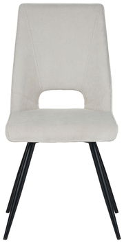 Moderner Stuhl mit hellgrauem Stoffbezug und schwarzen Metallbeinen, Frontalansicht