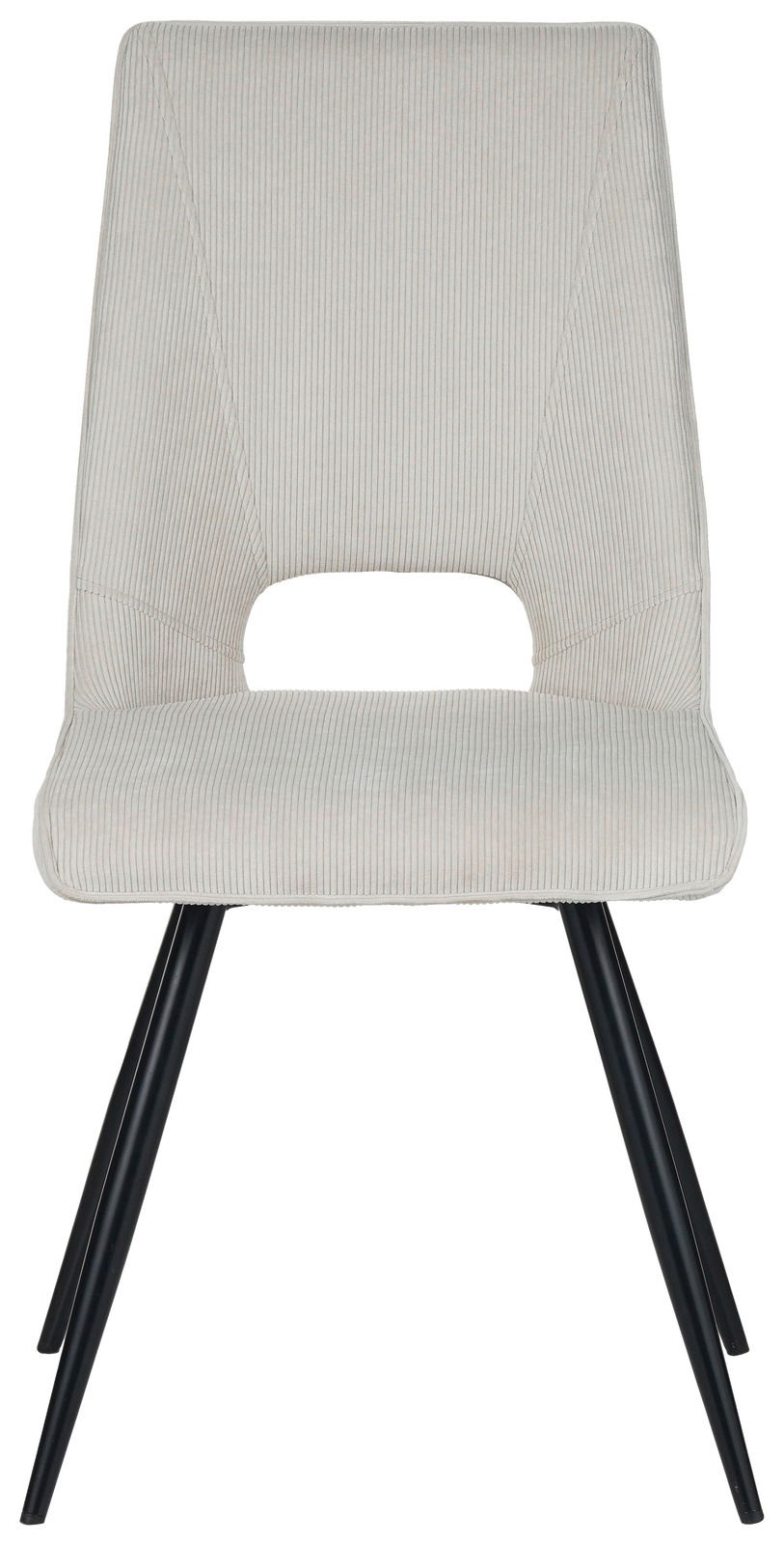 Moderner Stuhl mit hellgrauem Stoffbezug und schwarzen Metallbeinen, Frontalansicht