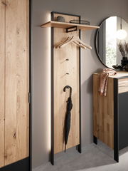 Garderobenpaneel aus Holz mit schwarzem Rahmen, Haken für Kleiderbügel und Ablage, seitliche Perspektive