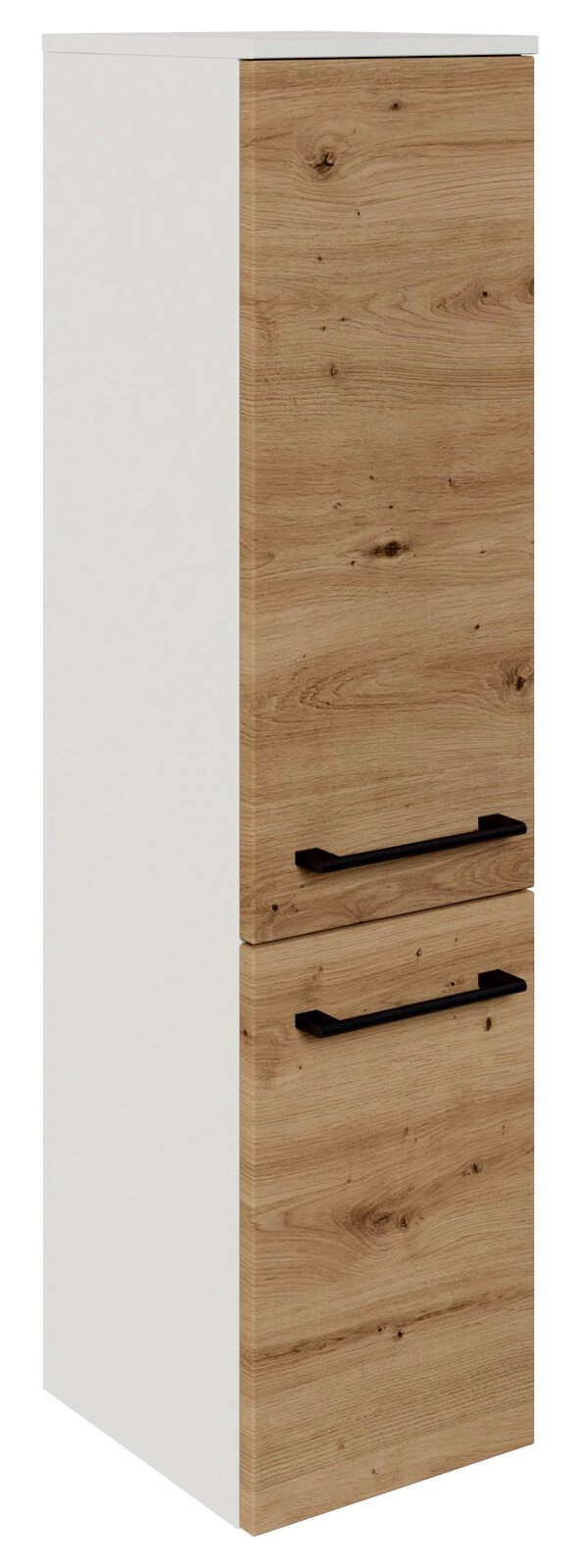 Midischrank 30,2 cm in Holzoptik mit zwei schwarzen Griffen, seitliche Perspektive
