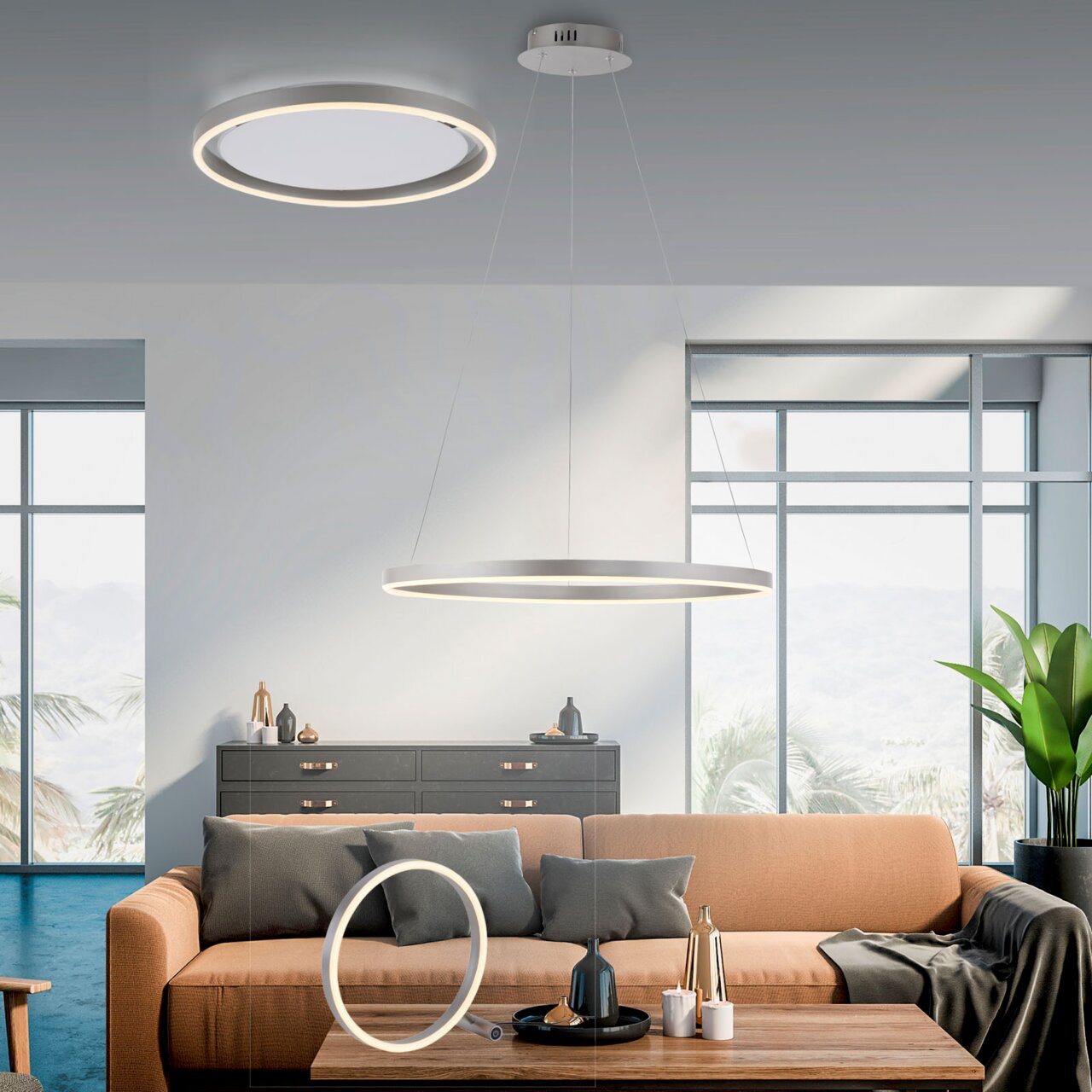 Moderne Wohnzimmeransicht mit drei stilvollen RITUS-Leuchten: Deckenleuchte, Pendelleuchte und Tischleuchte in einem eleganten, hellen Raum.