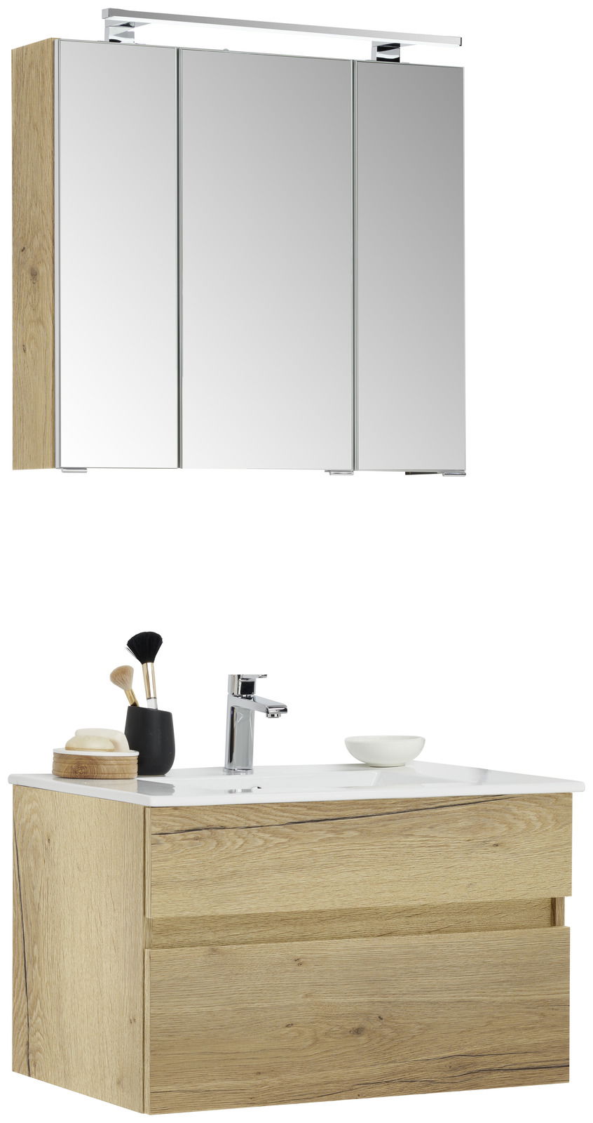 Moderner Badblock mit Holzoptik und Spiegelschrank, Frontalansicht