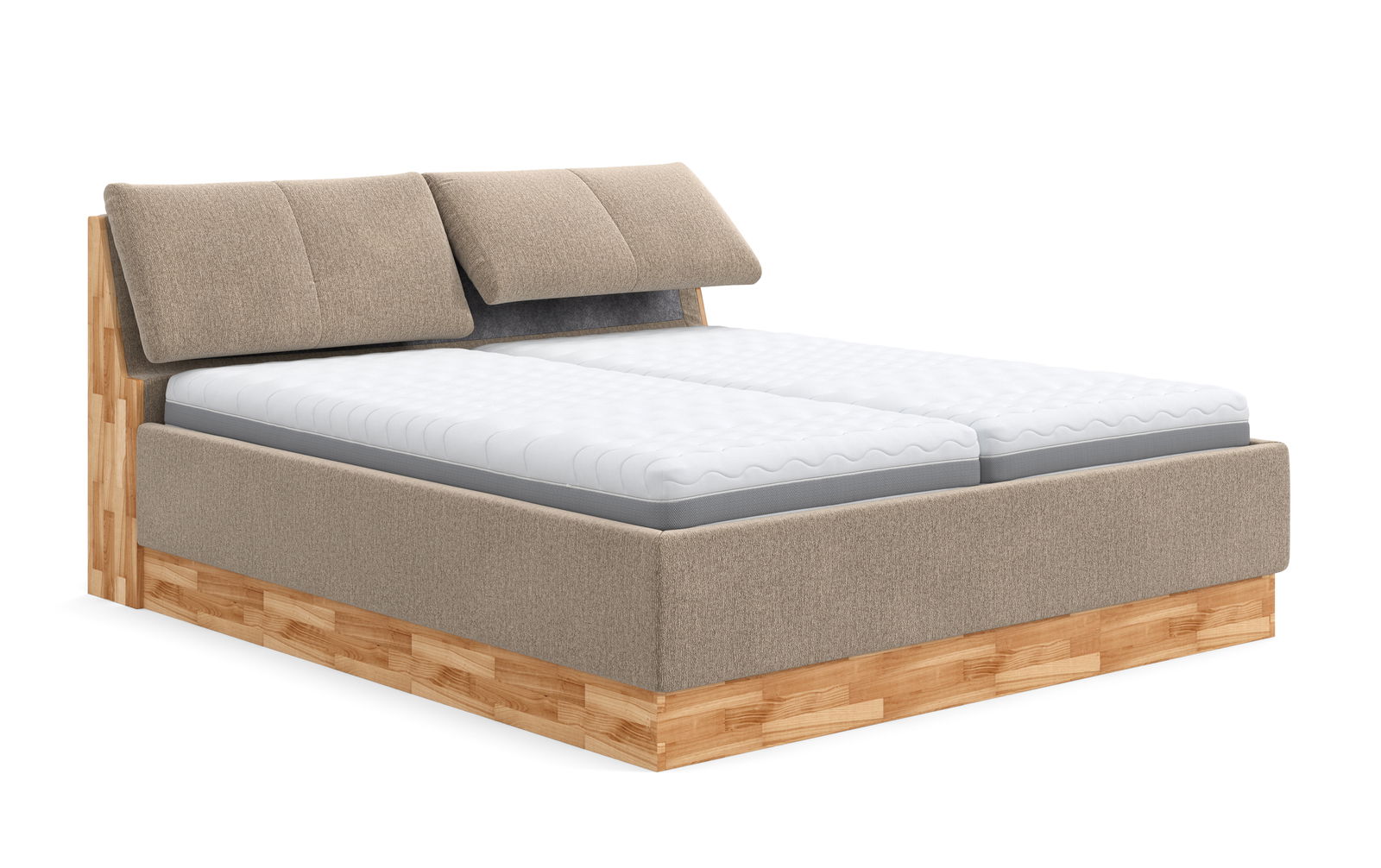 Polsterbett mit beigem Stoffbezug und Holzrahmen, seitliche Perspektive